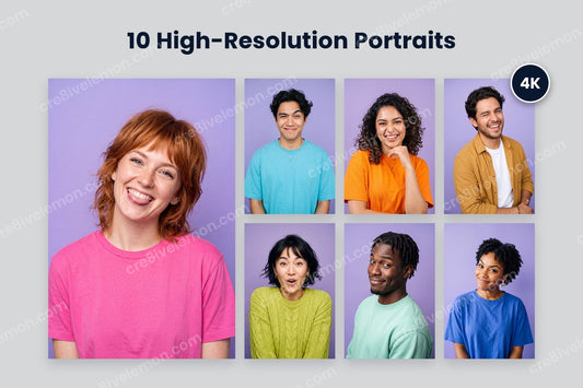 Playful Employee Portraits AI Image Pack preview: one large portrait and six smaller portraits with a 4K badge on a light grey background (watermarked preview)