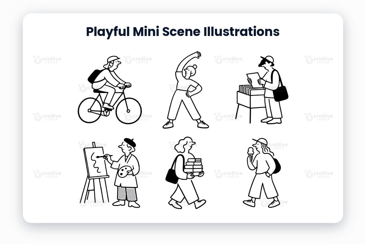 Playful Mini Scene Illustrations preview: black line illustrations of cycling, stretching, browsing records, painting, carrying books, ice cream walk