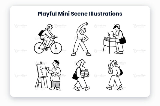 Playful Mini Scene Illustrations preview: black line illustrations of cycling, stretching, browsing records, painting, carrying books, ice cream walk