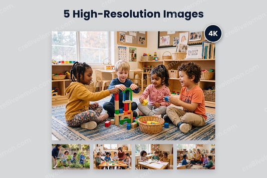 Preschool AI Image Pack preview: all five preschool photos, one large with a 4K badge and four smaller below, on a light grey background (watermarked preview)