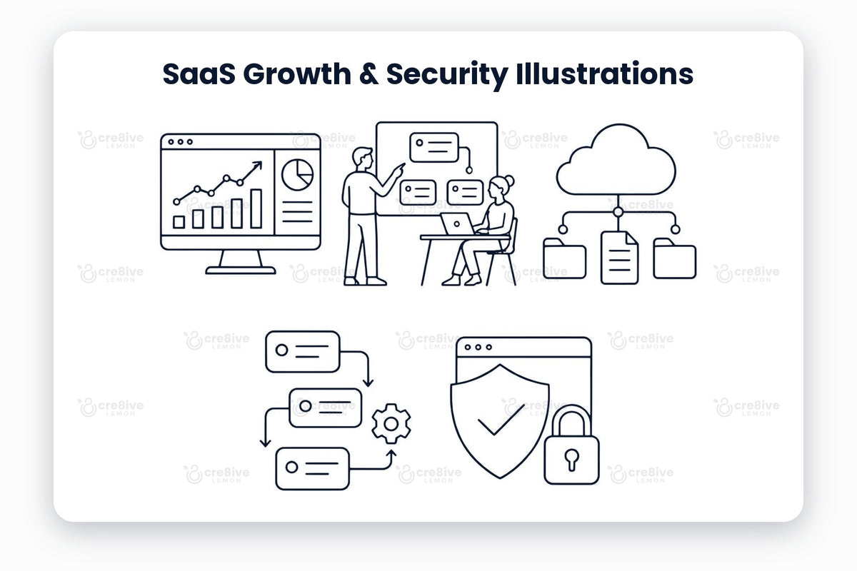 SaaS Growth & Security Illustrations preview: navy line illustrations of analytics dashboard, team planning, cloud storage, workflow automation, secure access
