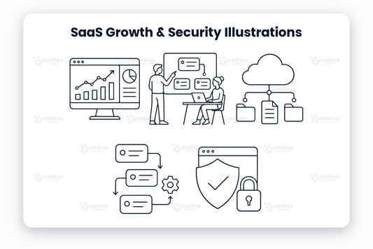 SaaS Growth & Security Illustrations preview: navy line illustrations of analytics dashboard, team planning, cloud storage, workflow automation, secure access
