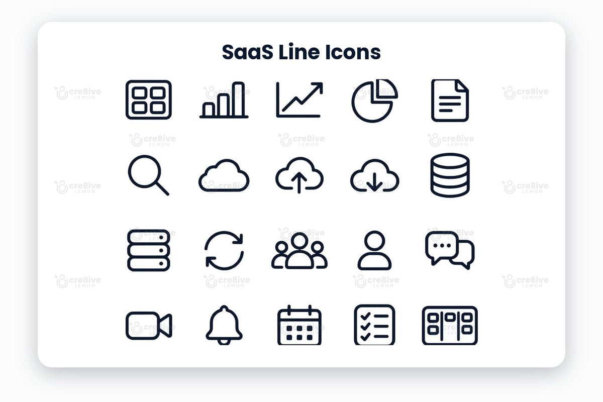 SaaS Line Icons preview on a light grey background, titled 30 SaaS Line Icons: navy line icons of dashboard, bar chart, line chart, pie chart, document, search, cloud, cloud upload, cloud download, database, server, sync, team, user, chat, video call, notification, calendar, checklist, kanban board, workflow, integration, settings, filters, security, lock, api key, payment, subscription and support