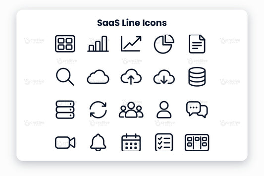 SaaS Line Icons preview on a light grey background, titled 30 SaaS Line Icons: navy line icons of dashboard, bar chart, line chart, pie chart, document, search, cloud, cloud upload, cloud download, database, server, sync, team, user, chat, video call, notification, calendar, checklist, kanban board, workflow, integration, settings, filters, security, lock, api key, payment, subscription and support