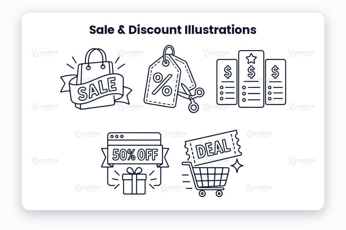Sale & Discount Illustrations preview: 5 navy line illustrations of sale shopping bag, discount tag, pricing plans, online offer and deal shopping cart