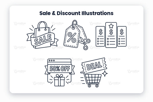 Sale & Discount Illustrations preview: 5 navy line illustrations of sale shopping bag, discount tag, pricing plans, online offer and deal shopping cart