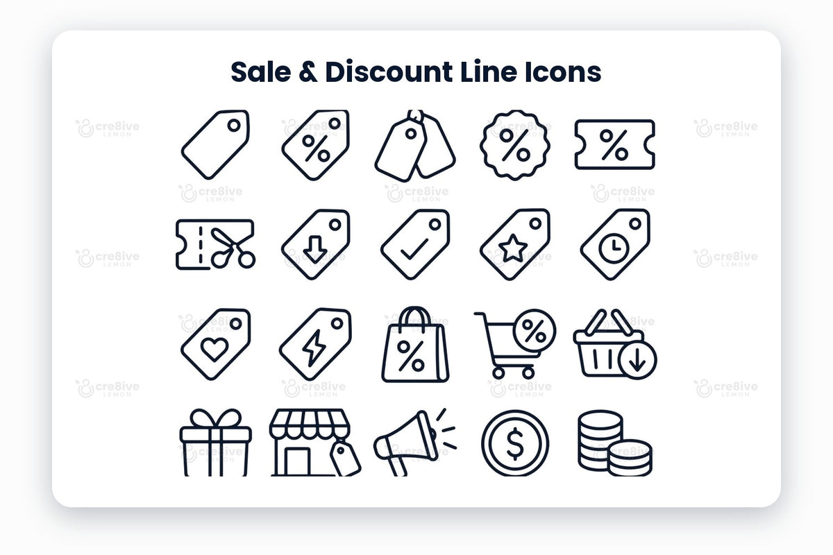 Sale & Discount Line Icons preview on a light grey background, titled 30 Sale & Discount Line Icons: navy line icons of price tag, discount tag, double tags, discount badge, coupon, cut coupon, price drop, price check, special offer, limited time, favourite deal, flash deal, sale bag, sale cart, basket deal, gift, shop sale, promotion, coin, coins, wallet, credit card, invoice, calculator, price comparison, renewal date, subscription, gift card, money back guarantee and cashback