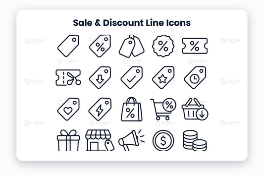 Sale & Discount Line Icons preview on a light grey background, titled 30 Sale & Discount Line Icons: navy line icons of price tag, discount tag, double tags, discount badge, coupon, cut coupon, price drop, price check, special offer, limited time, favourite deal, flash deal, sale bag, sale cart, basket deal, gift, shop sale, promotion, coin, coins, wallet, credit card, invoice, calculator, price comparison, renewal date, subscription, gift card, money back guarantee and cashback