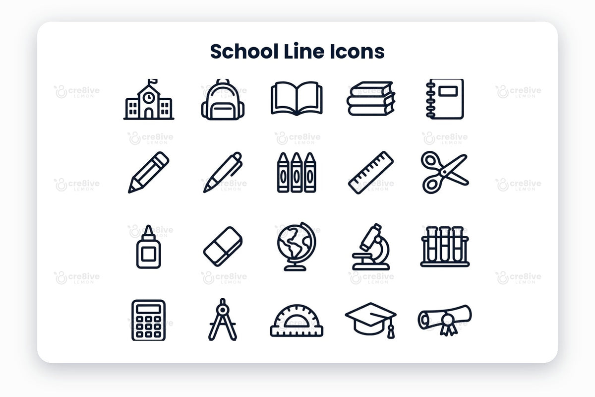 School Line Icons preview on a light grey background, titled 30 School Line Icons: navy line icons of school, backpack, open book, books, notebook, pencil, pen, crayons, ruler, scissors, glue, eraser, globe, microscope, test tubes, calculator, compass, protractor, graduation cap, diploma, blackboard, school desk, school bus, lunch box, apple, alarm clock, calendar, paint palette, music notes and trophy