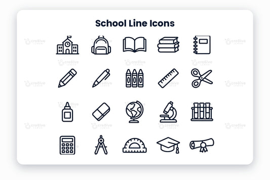 School Line Icons preview on a light grey background, titled 30 School Line Icons: navy line icons of school, backpack, open book, books, notebook, pencil, pen, crayons, ruler, scissors, glue, eraser, globe, microscope, test tubes, calculator, compass, protractor, graduation cap, diploma, blackboard, school desk, school bus, lunch box, apple, alarm clock, calendar, paint palette, music notes and trophy