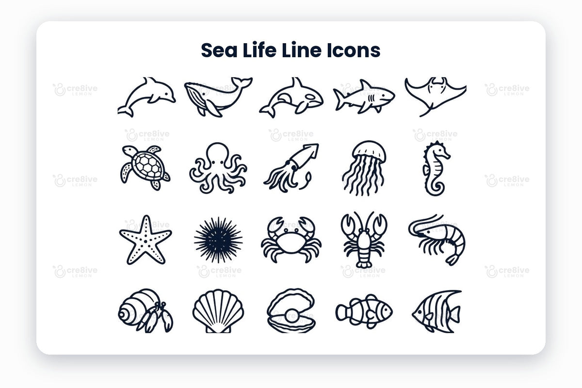 Sea Life Line Icons preview on a light grey background, titled 30 Sea Life Line Icons: navy line icons of dolphin, whale, orca, shark, manta ray, sea turtle, octopus, squid, jellyfish, seahorse, starfish, sea urchin, crab, lobster, shrimp, hermit crab, scallop shell, pearl oyster, clownfish, angelfish, pufferfish, tang fish, lionfish, moray eel, seal, sea lion, manatee, coral, sea anemone and seaweed