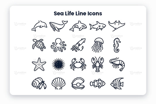 Sea Life Line Icons preview on a light grey background, titled 30 Sea Life Line Icons: navy line icons of dolphin, whale, orca, shark, manta ray, sea turtle, octopus, squid, jellyfish, seahorse, starfish, sea urchin, crab, lobster, shrimp, hermit crab, scallop shell, pearl oyster, clownfish, angelfish, pufferfish, tang fish, lionfish, moray eel, seal, sea lion, manatee, coral, sea anemone and seaweed