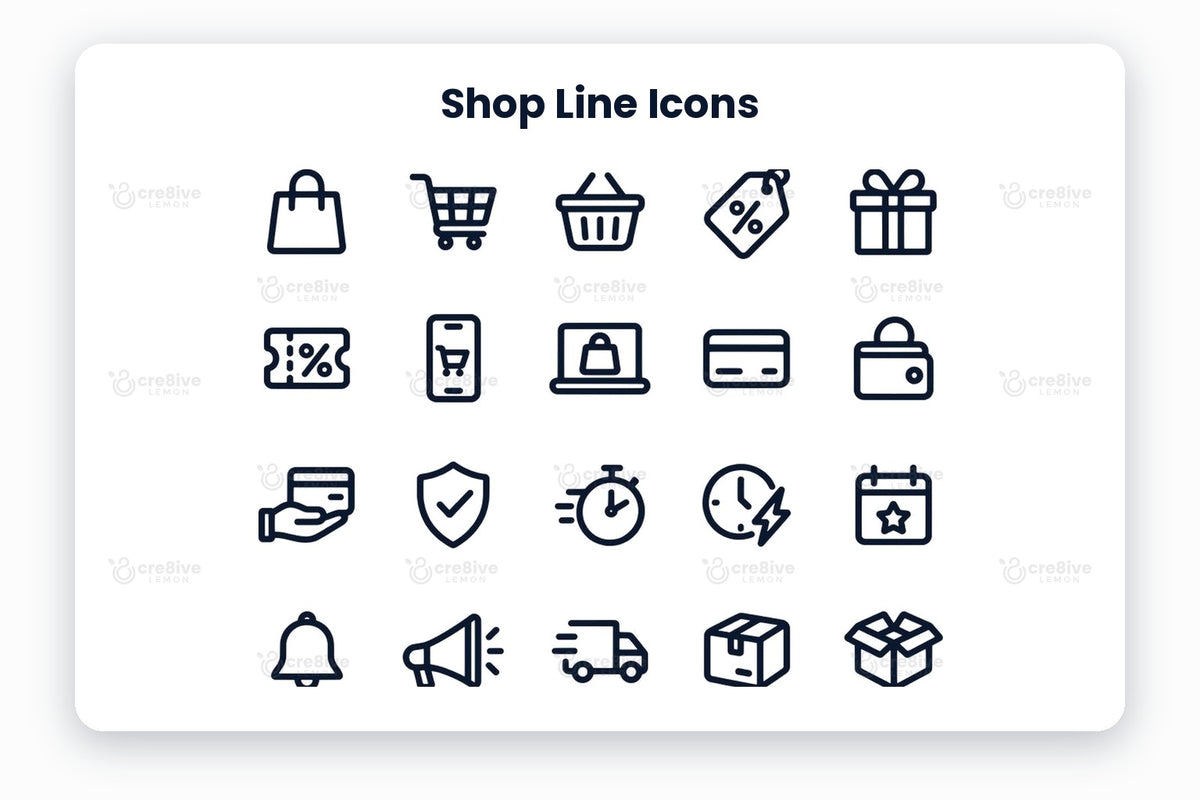 Shop Line Icons preview on a light grey background, titled 30 Shop Line Icons: navy line icons of shopping bag, shopping cart, shopping basket, discount tag, gift, coupon, mobile shopping, online store, credit card, wallet, payment, secure payment, fast service, flash sale, sale date, notification, promotion, fast delivery, package, open box, returns, shop, store location, click, wishlist, rating, receipt, coins, customer support and email offer
