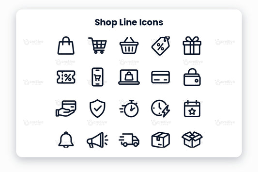 Shop Line Icons preview on a light grey background, titled 30 Shop Line Icons: navy line icons of shopping bag, shopping cart, shopping basket, discount tag, gift, coupon, mobile shopping, online store, credit card, wallet, payment, secure payment, fast service, flash sale, sale date, notification, promotion, fast delivery, package, open box, returns, shop, store location, click, wishlist, rating, receipt, coins, customer support and email offer
