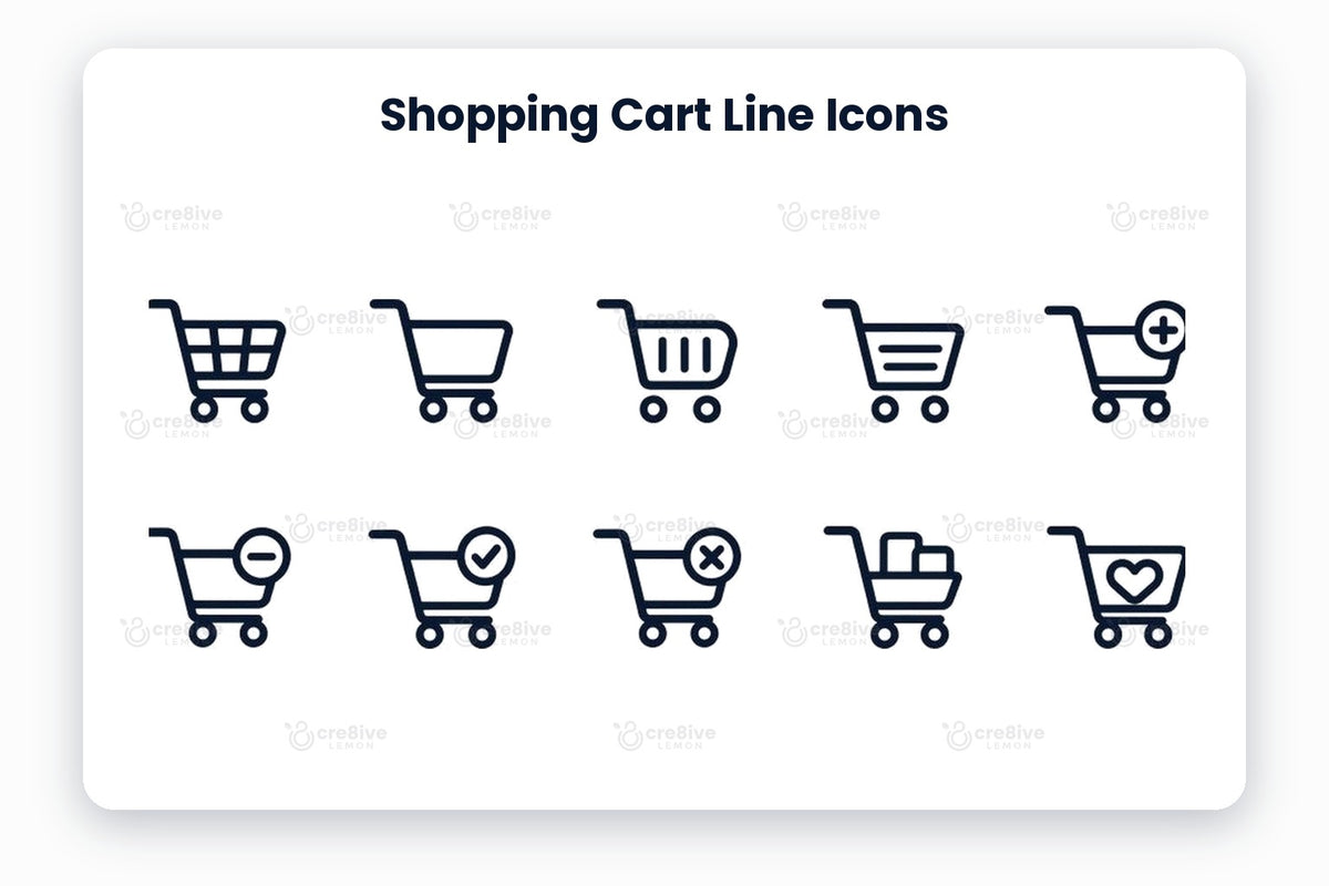 Shopping Cart Line Icons preview on a light grey background, titled 12 Shopping Cart Line Icons: navy line icons of cart, empty cart, cart bars, cart list, add to cart, remove from cart, cart confirmed, cancel cart, full cart, wishlist cart, saved for later and checkout