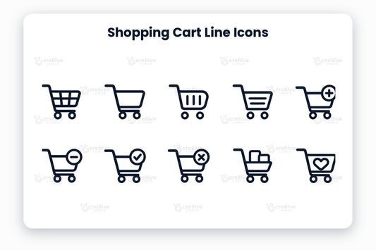Shopping Cart Line Icons preview on a light grey background, titled 12 Shopping Cart Line Icons: navy line icons of cart, empty cart, cart bars, cart list, add to cart, remove from cart, cart confirmed, cancel cart, full cart, wishlist cart, saved for later and checkout