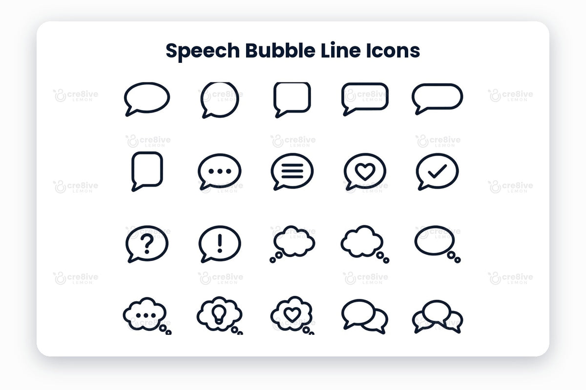 Speech Bubble Line Icons preview on a light grey background, titled 30 Speech Bubble Line Icons: navy line icons of oval bubble, round bubble, square bubble, rectangle bubble, wide bubble, tall bubble, typing, message, love message, approved, question, exclamation, thought cloud, cloud thought, oval thought, thinking dots, idea, love thought, conversation, group chat, favourite, happy chat, quote, waiting, shout, cloud bubble, banner bubble, question thought, add comment and star thought