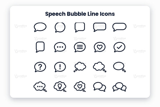 Speech Bubble Line Icons preview on a light grey background, titled 30 Speech Bubble Line Icons: navy line icons of oval bubble, round bubble, square bubble, rectangle bubble, wide bubble, tall bubble, typing, message, love message, approved, question, exclamation, thought cloud, cloud thought, oval thought, thinking dots, idea, love thought, conversation, group chat, favourite, happy chat, quote, waiting, shout, cloud bubble, banner bubble, question thought, add comment and star thought
