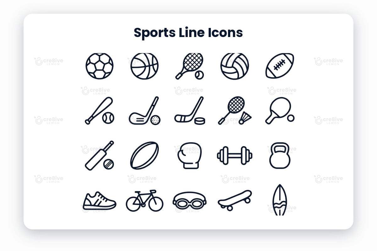 Sports Line Icons preview on a light grey background, titled 30 Sports Line Icons: navy line icons of soccer ball, basketball, tennis, volleyball, american football, baseball, golf, ice hockey, badminton, table tennis, cricket, rugby ball, boxing glove, dumbbell, kettlebell, running shoe, bicycle, swim goggles, skateboard, surfboard, skiing, ice skate, archery, fencing, trophy, medal, stopwatch, whistle, goal and bowling