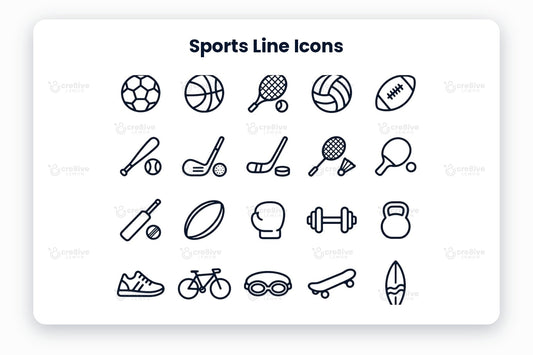 Sports Line Icons preview on a light grey background, titled 30 Sports Line Icons: navy line icons of soccer ball, basketball, tennis, volleyball, american football, baseball, golf, ice hockey, badminton, table tennis, cricket, rugby ball, boxing glove, dumbbell, kettlebell, running shoe, bicycle, swim goggles, skateboard, surfboard, skiing, ice skate, archery, fencing, trophy, medal, stopwatch, whistle, goal and bowling