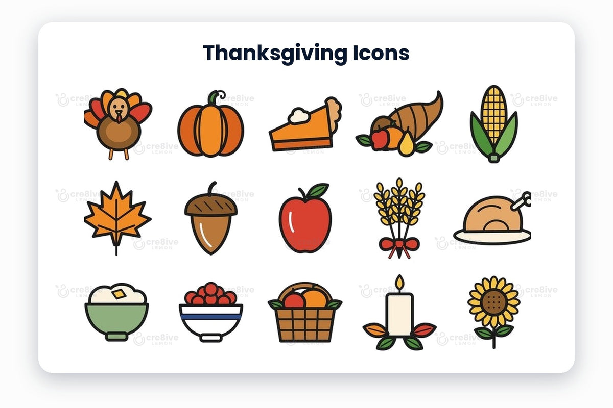 Thanksgiving Icons preview on a light grey background, titled 16 Thanksgiving Icons: turkey, pumpkin, pumpkin pie, cornucopia, corn, maple leaf, acorn, apple, wheat bundle, roast turkey, mashed potatoes, cranberry bowl, harvest basket, candle, sunflower and bread rolls