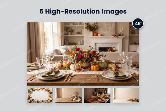 Thanksgiving Table & Harvest Backgrounds preview: all five Thanksgiving backgrounds, one large table scene with a 4K badge and four smaller below, on a light grey background (watermarked preview)