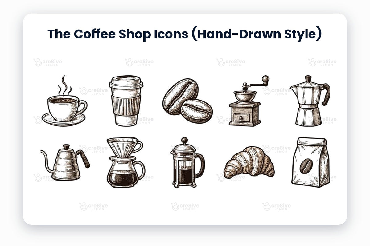 The Coffee Shop Icons (Hand-Drawn Style) preview on a light grey background, titled 10 Hand-Drawn Icons