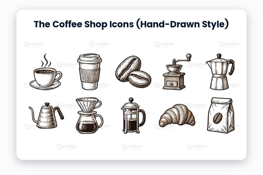 The Coffee Shop Icons (Hand-Drawn Style) preview on a light grey background, titled 10 Hand-Drawn Icons