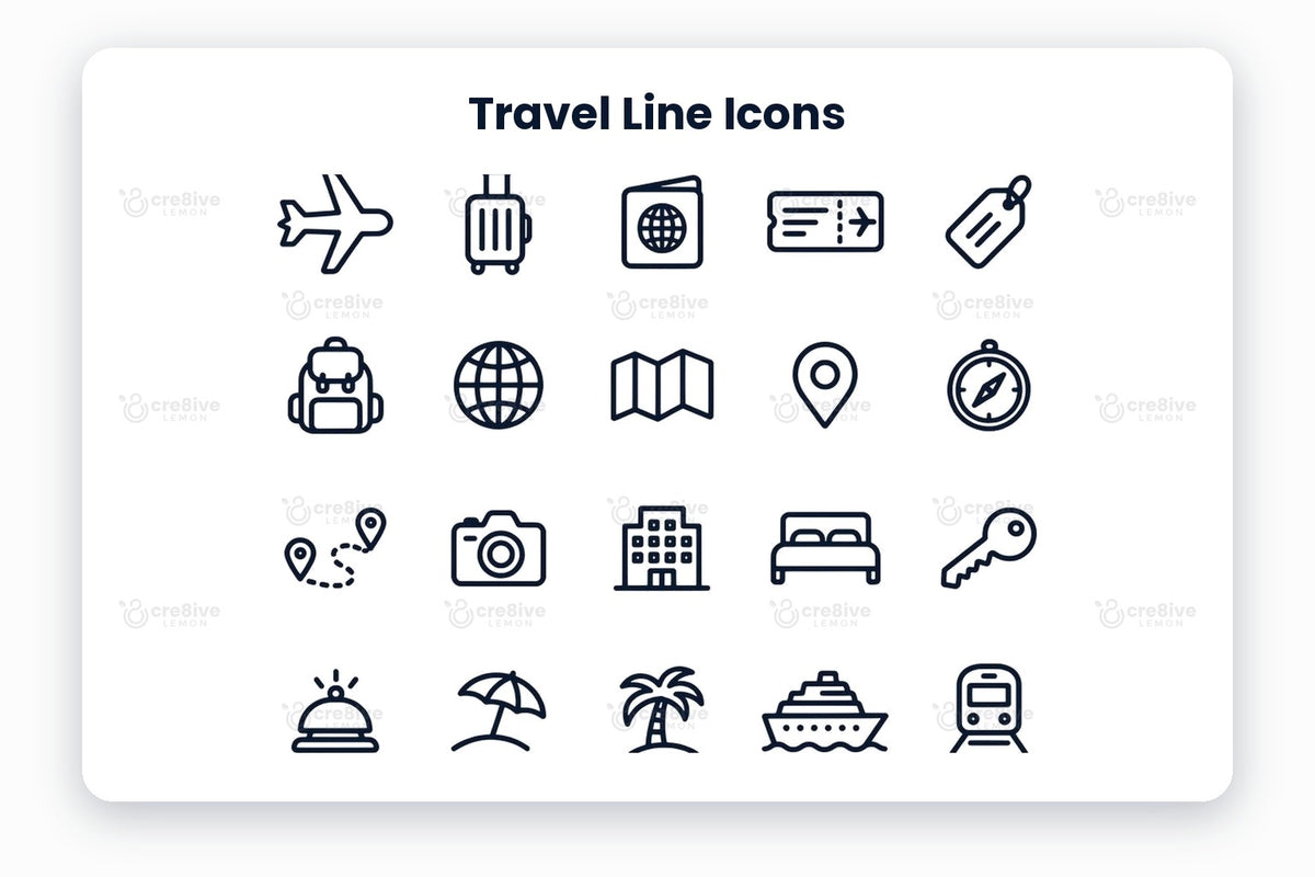 Travel Line Icons preview on a light grey background, titled 30 Travel Line Icons: navy line icons of airplane, suitcase, passport, boarding pass, luggage tag, backpack, globe, map, location pin, compass, route, camera, hotel, bed, room key, reception bell, beach umbrella, palm tree, cruise ship, train, bus, car, bicycle, hot air balloon, mountains, tent, hiking boots, binoculars, sunglasses and sunset