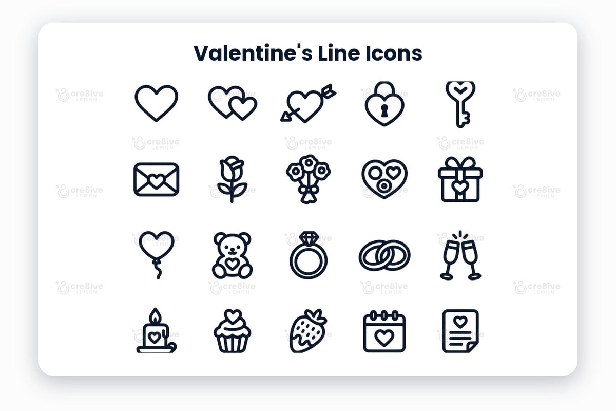Valentine's Line Icons preview on a light grey background, titled 30 Valentine's Line Icons: navy line icons of heart, two hearts, heart with arrow, heart lock, heart key, love letter, rose, bouquet, heart chocolates, gift, heart balloon, teddy bear, diamond ring, wedding rings, champagne toast, candle, cupcake, chocolate strawberry, date calendar, love note, love message, love chat, camera, love location, hands with heart, winged heart, love birds, cupid bow, heart glasses and gift bag
