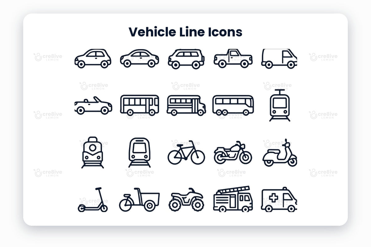 Vehicle Line Icons preview on a light grey background, titled 30 Vehicle Line Icons: navy line icons of hatchback, sedan, suv, pickup truck, van, convertible, city bus, school bus, coach, tram, locomotive, metro, bicycle, motorcycle, scooter, kick scooter, cargo bike, quad bike, fire truck, ambulance, police car, tow truck, tractor, excavator, airplane, helicopter, sailboat, speedboat, cruise ship and submarine