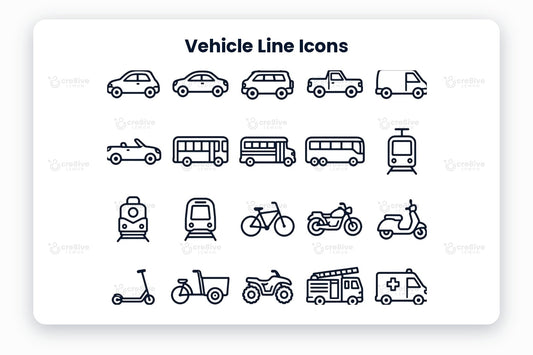 Vehicle Line Icons preview on a light grey background, titled 30 Vehicle Line Icons: navy line icons of hatchback, sedan, suv, pickup truck, van, convertible, city bus, school bus, coach, tram, locomotive, metro, bicycle, motorcycle, scooter, kick scooter, cargo bike, quad bike, fire truck, ambulance, police car, tow truck, tractor, excavator, airplane, helicopter, sailboat, speedboat, cruise ship and submarine