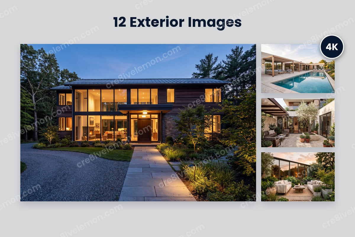 Villa Exteriors AI Image Pack preview: one large 4K image with a 4K badge and three smaller images from the pack on a light grey background (watermarked preview)