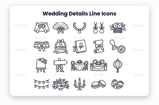 Wedding Details Line Icons preview on a light grey background, titled 30 Wedding Details Line Icons: navy line icons of ring pillow, hand fan, pearl necklace, pearl earrings, flower hair comb, garter, petal basket, wedding album, vows scroll, wax seal, welcome sign, direction sign, guest table, sweetheart table, paper lantern, string lights, centerpiece, candelabra, macarons, chocolate strawberries, cupcake, favour bag, confetti cone, bubbles, parasol, umbrella, ribbon wand, disco ball, love dov