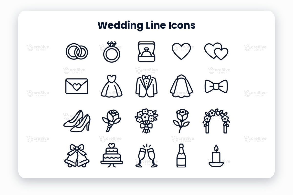 Wedding Line Icons preview on a light grey background, titled 30 Wedding Line Icons: navy line icons of wedding rings, engagement ring, ring box, heart, two hearts, invitation, wedding dress, tuxedo, veil, bow tie, bridal shoes, boutonniere, bouquet, rose, flower arch, wedding bells, wedding cake, champagne toast, champagne bottle, candle, place setting, place card, decorated chair, gift, wedding date, chapel, wedding car, camera, music and guest book