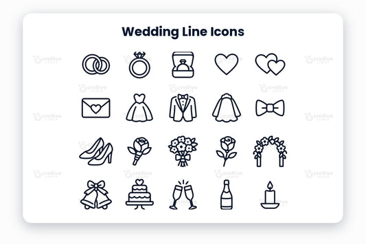 Wedding Line Icons preview on a light grey background, titled 30 Wedding Line Icons: navy line icons of wedding rings, engagement ring, ring box, heart, two hearts, invitation, wedding dress, tuxedo, veil, bow tie, bridal shoes, boutonniere, bouquet, rose, flower arch, wedding bells, wedding cake, champagne toast, champagne bottle, candle, place setting, place card, decorated chair, gift, wedding date, chapel, wedding car, camera, music and guest book
