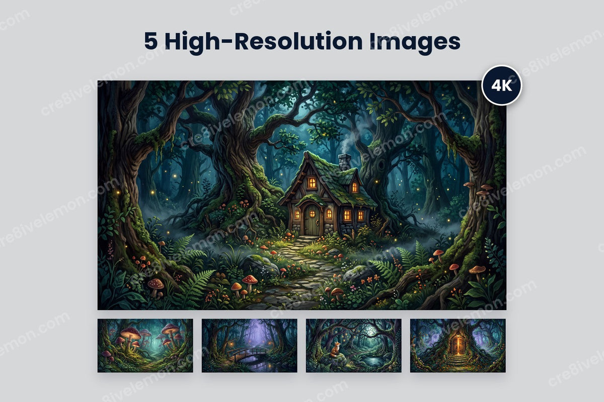 Whimsical Dark Forest AI Image Pack preview: all five forest illustrations, the woodland cottage large with a 4K badge and four smaller below, on a light grey background (watermarked preview)