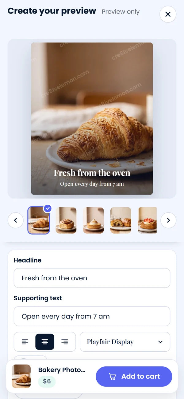 The editor on a phone with the Dutch Sweets & Treats pack: poffertjes with &lsquo;Sweet treats, freshly made&rsquo; and an Order now button, text controls below