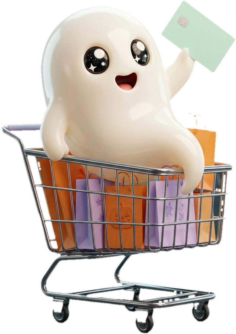 3D ghost in a shopping cart holding a credit card