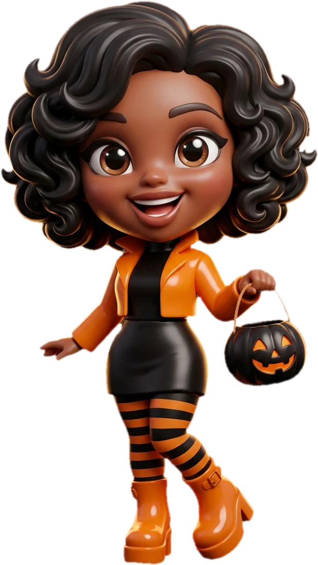3D excited pumpkin girl character with a jack-o-lantern bucket