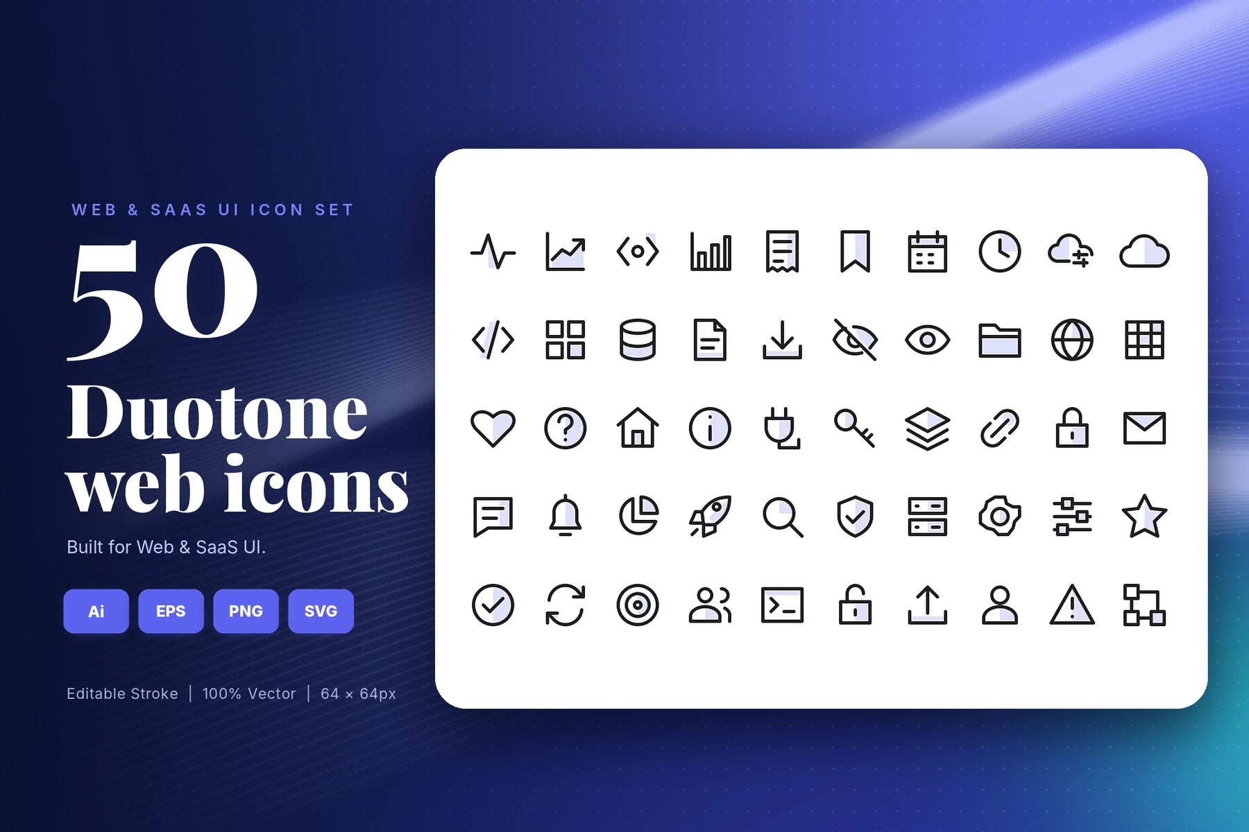 Preview sheet of all 50 duotone web and SaaS icons: dark outlines with soft indigo accents, shown in a 10 by 5 grid.