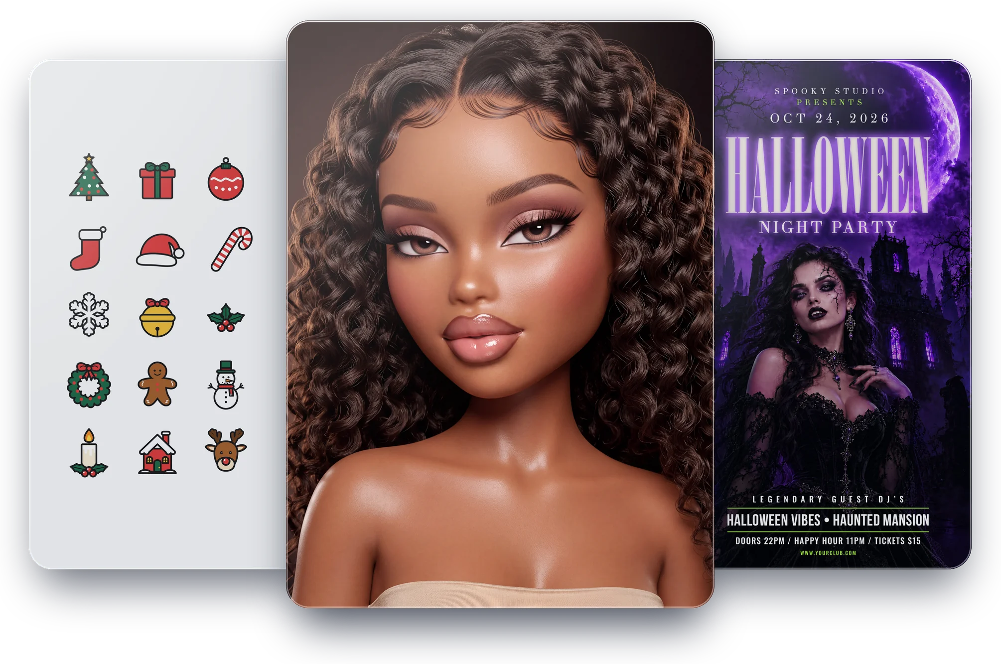 Three resource cards: a glam doll beauty portrait in front, a Christmas icon set and a Halloween night party story template behind