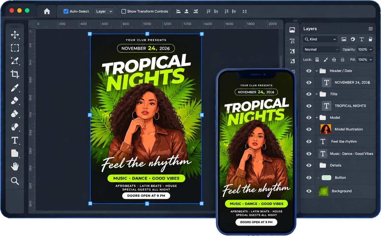 The Tropical Nights story template open in Adobe Photoshop with its named layer groups, next to the finished story on a phone
